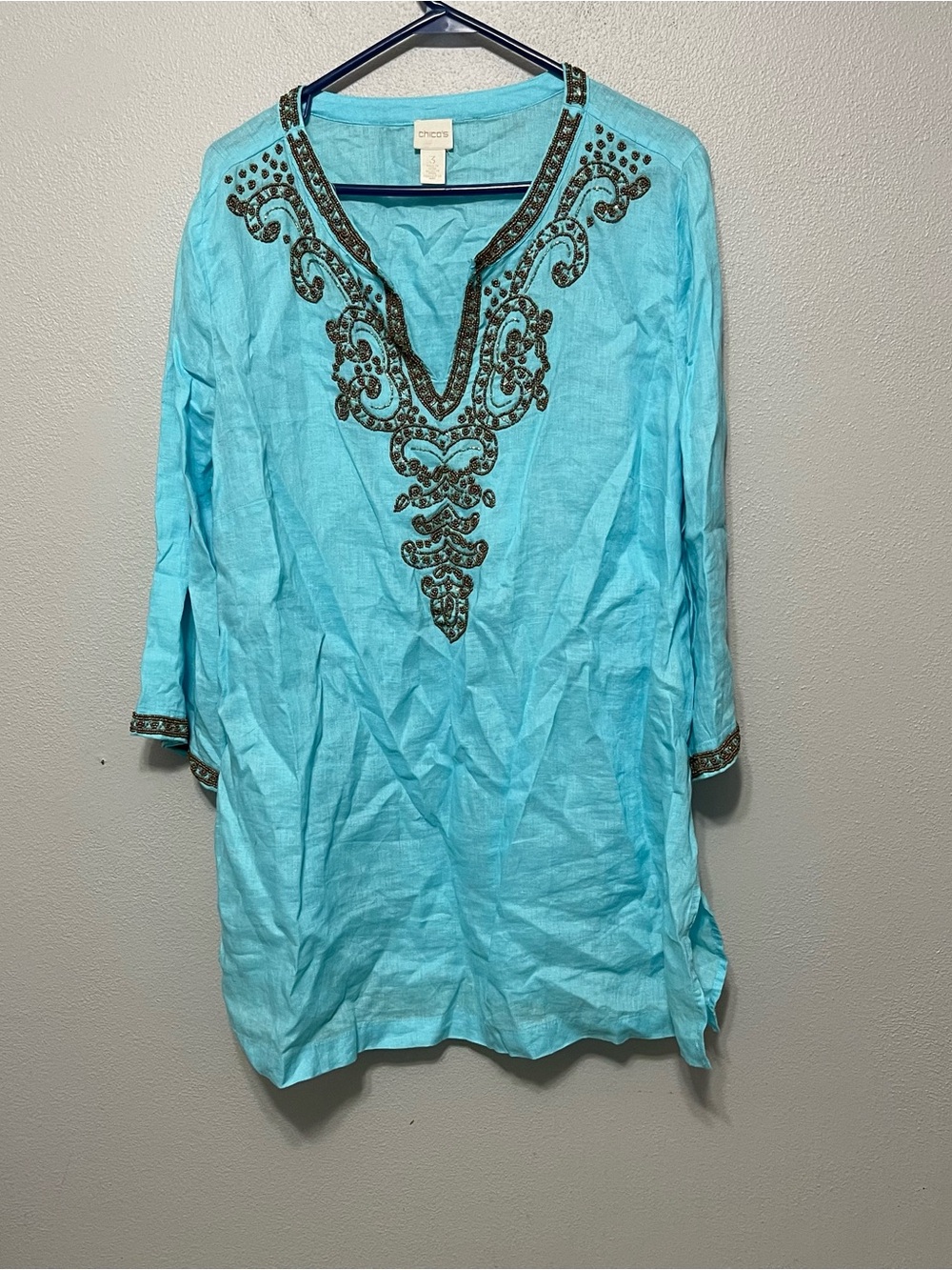 Chicos 100% Linen Beaded Tunic Top Turquoise Artsy Casual Womens 3/XL